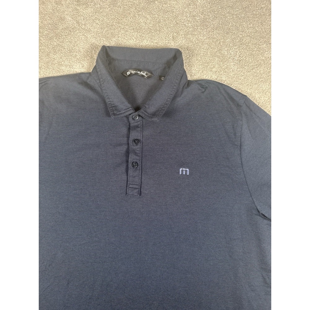 Travis Mathew Golf Polo Shirt XXL Navy Blue  Bandana Roadrunner Sleeve Logo‎ Euc